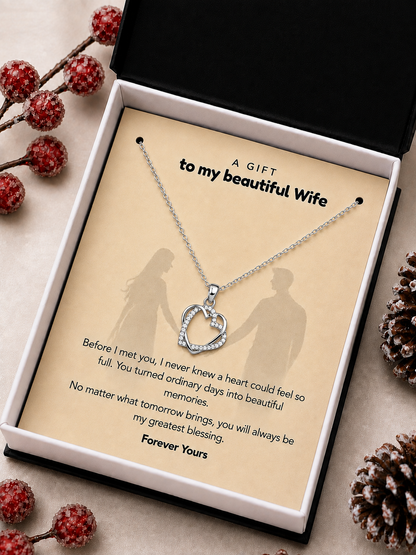 Silver-tone double heart necklace for wife with message card in gift box