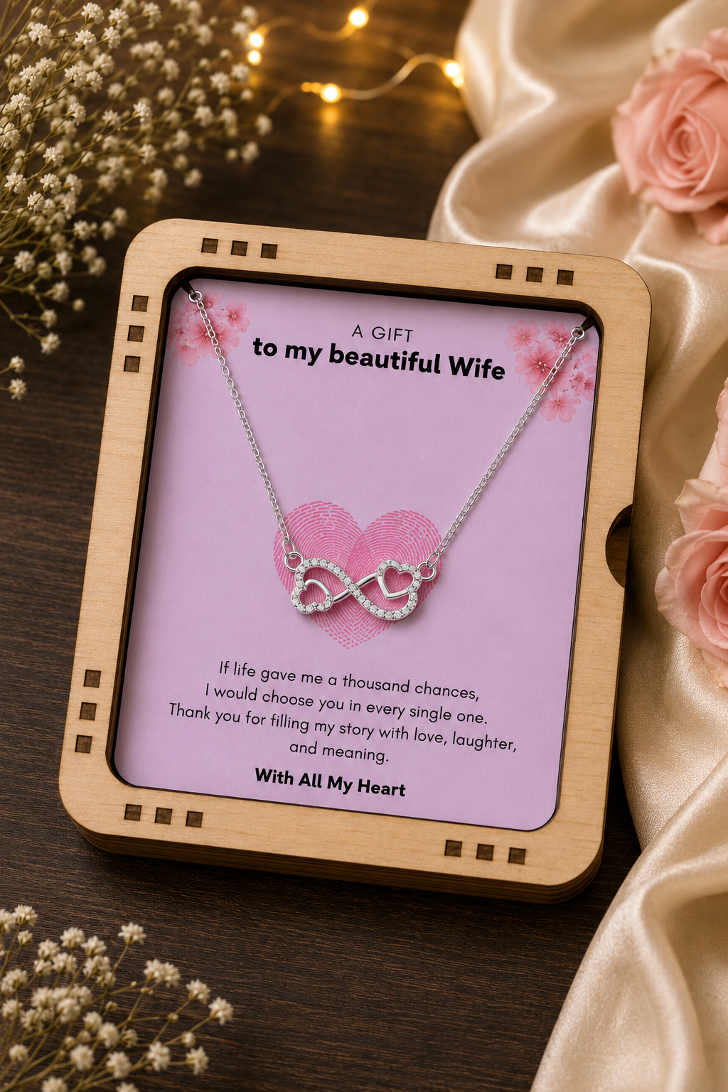 Silver-tone wife necklace featuring heart and infinity pendant