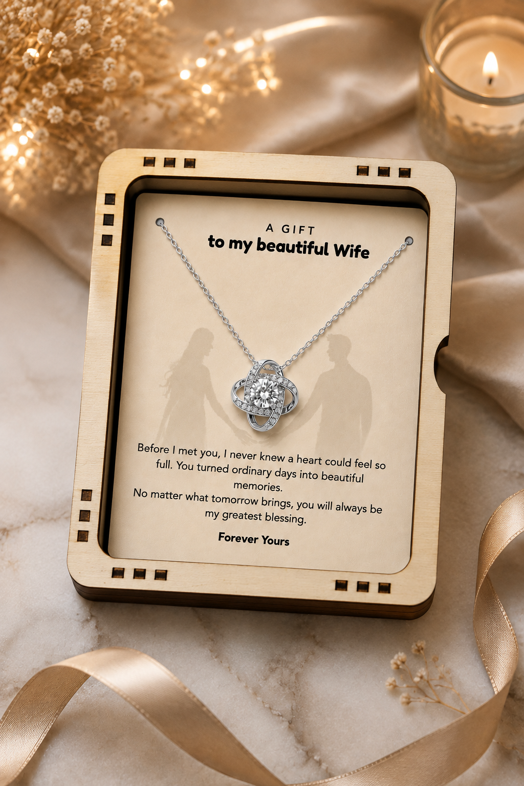 Silver-tone wife necklace gift arranged in a wooden presentation box
