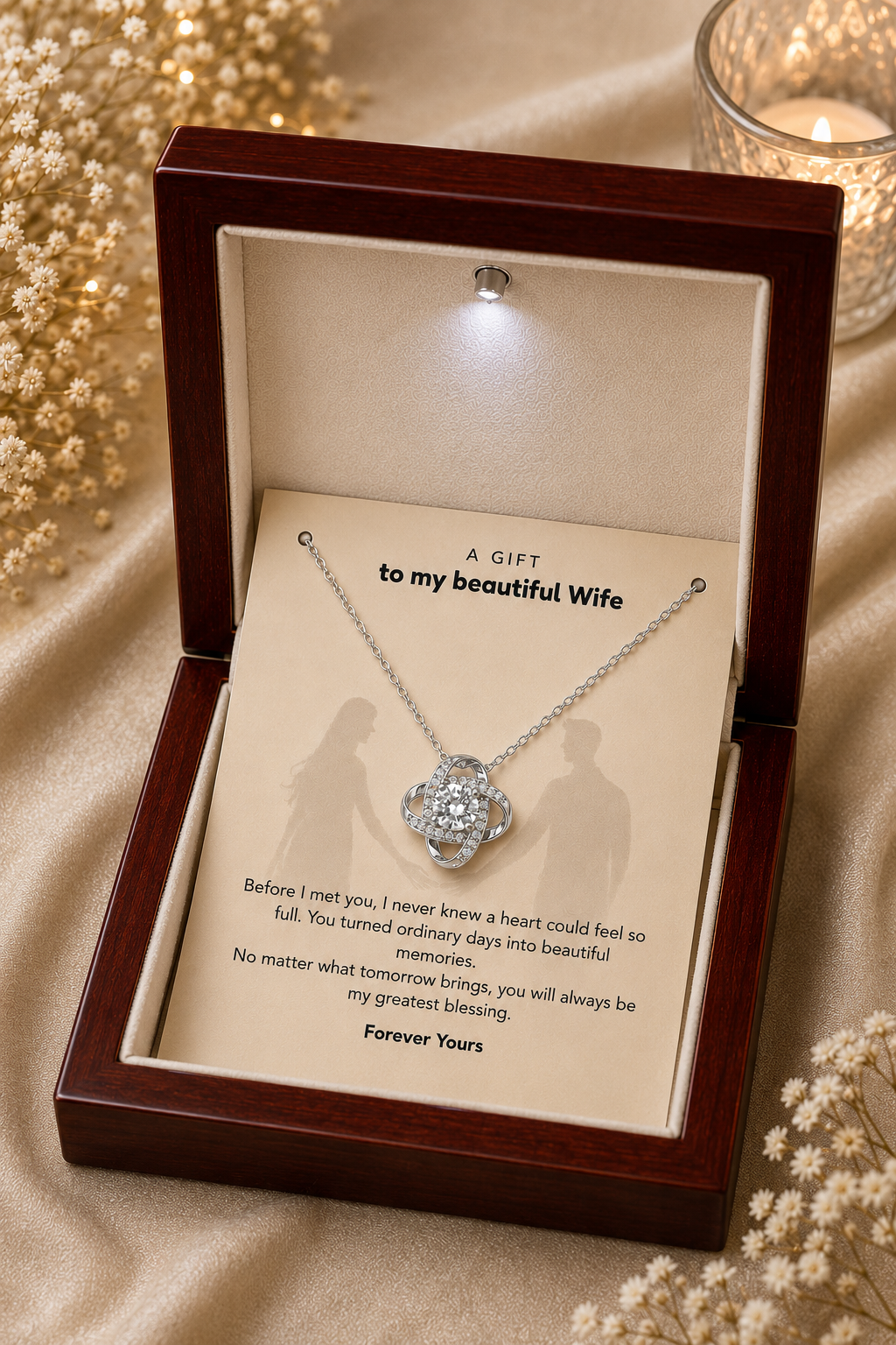 Silver-tone pendant necklace presented with romantic wife message card