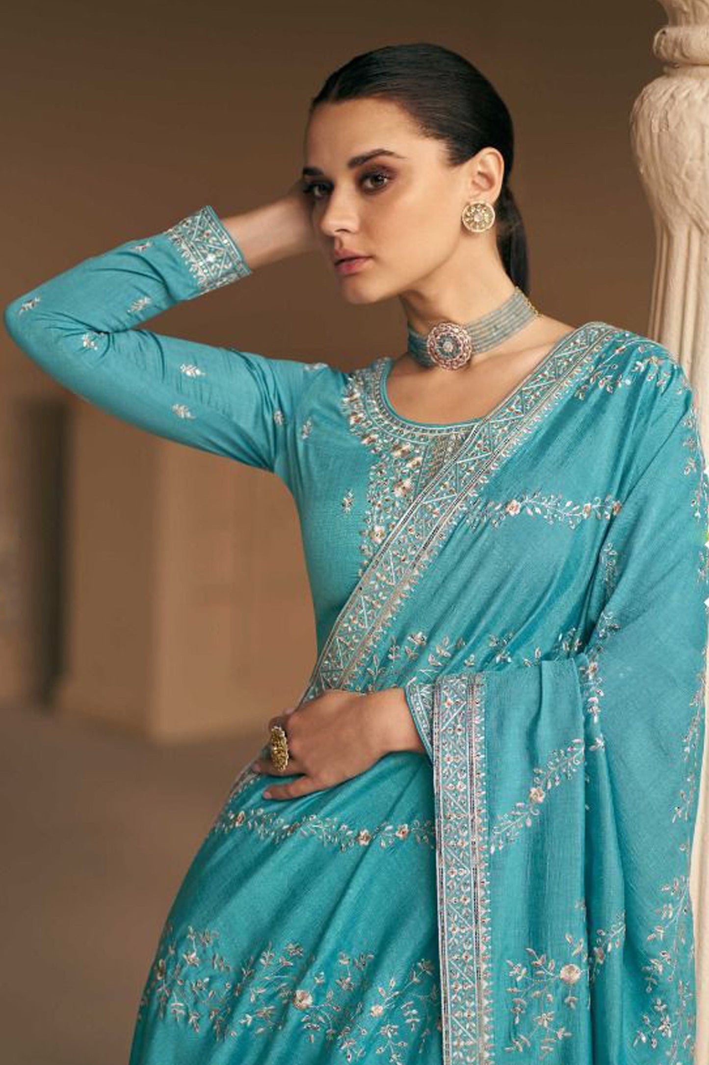 Sky blue salwar set styled for Navratri celebration