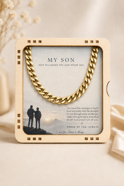 gold-tone Cuban link necklace for son displayed with an inspirational message card in a wooden box