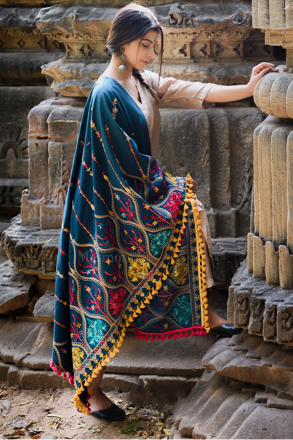 Teal Blue dupatta in khadi cotton with embroidery