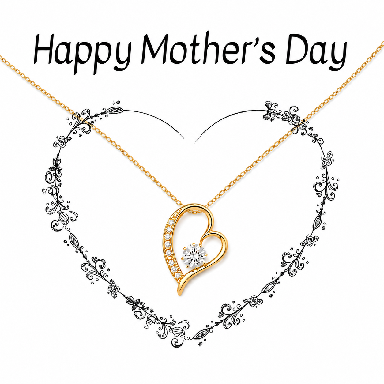 Gold heart-shaped pendant necklace with a small clear gemstone, displayed on a white background with the text 'Happy Mother's Day' above it.