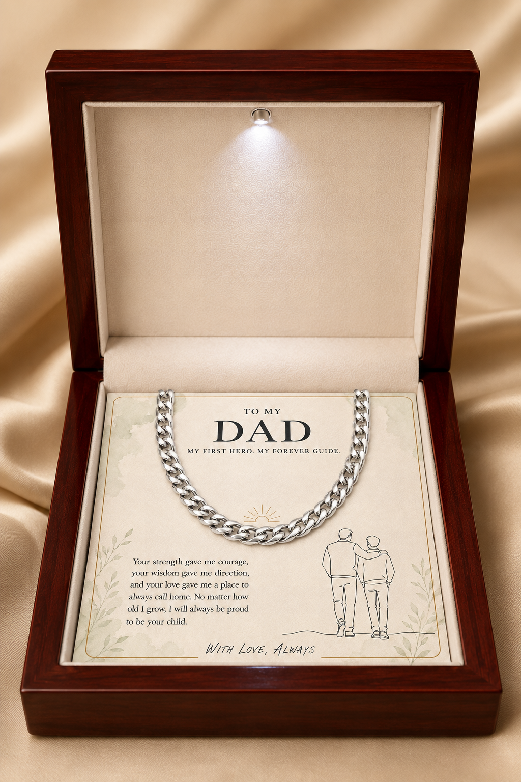 silver-tone Cuban link chain necklace for Dad displayed with an emotional message card in an LED wooden box