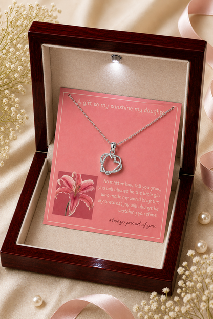 To my daughter always proud of you heart necklace with pink keepsake message card