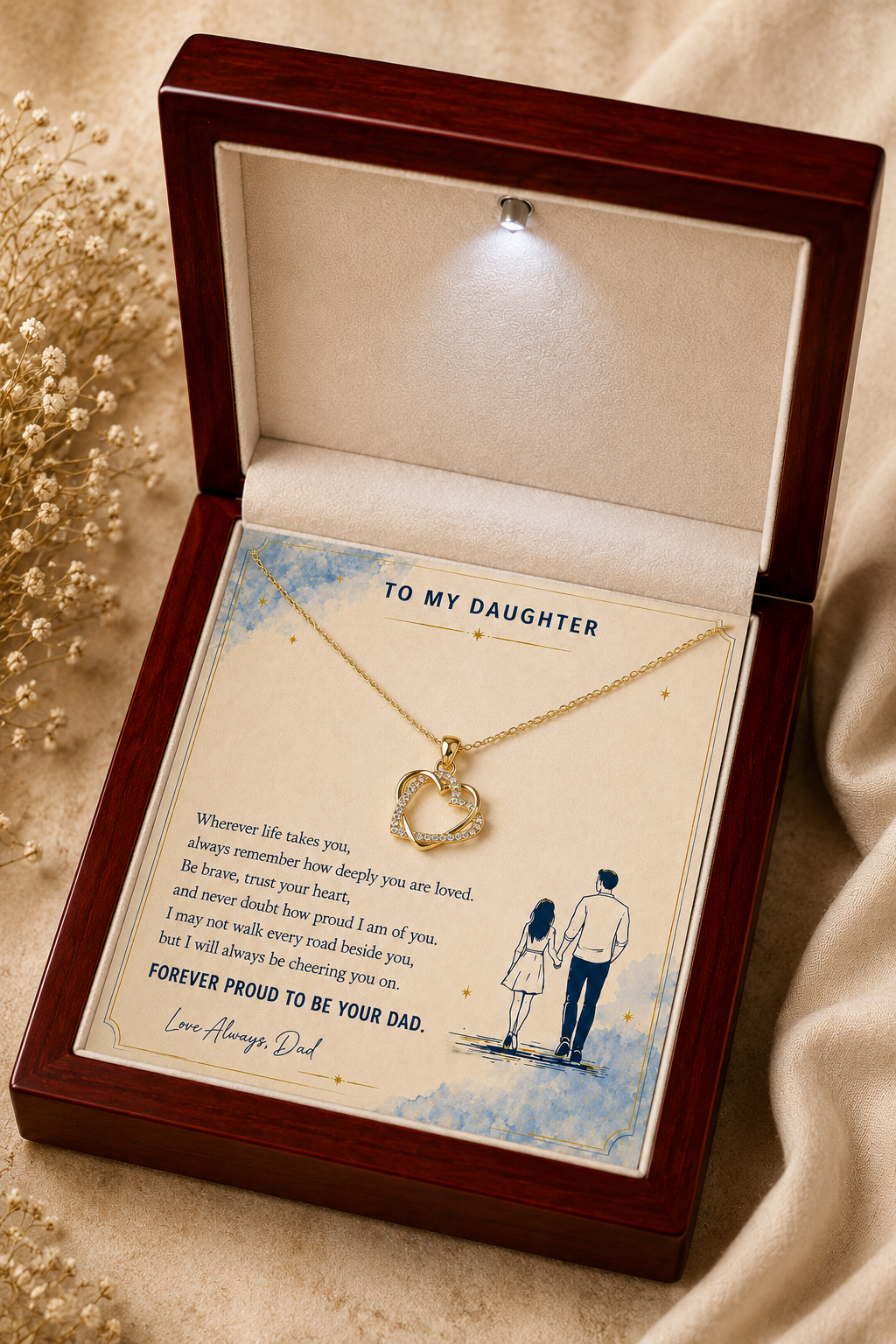 To My Daughter double heart pendant necklace with emotional message card from Dad