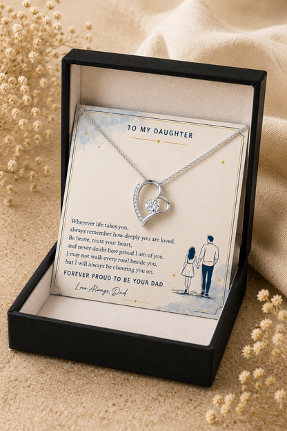 Gold-tone heart pendant necklace with a sentimental daughter message card presented inside a premium black jewelry gift box, an unforgettable keepsake gift for birthdays, graduation, Christmas, and Father's Day.