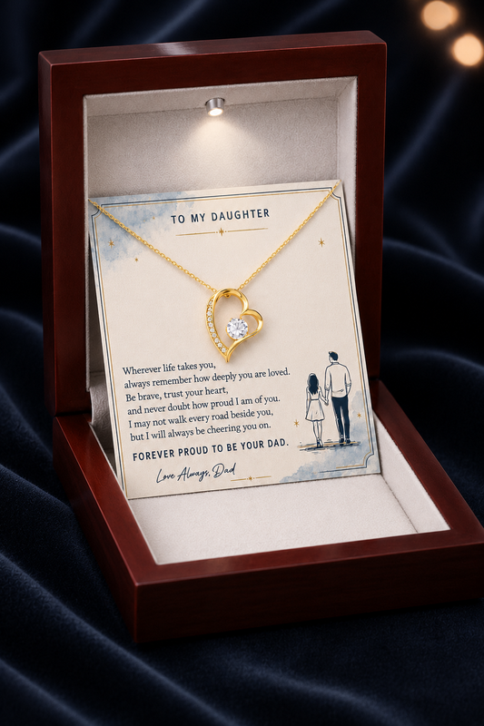 Gold-tone heart pendant necklace displayed in a luxury LED wooden gift box with an emotional "To My Daughter" message card, a meaningful keepsake gift from dad.