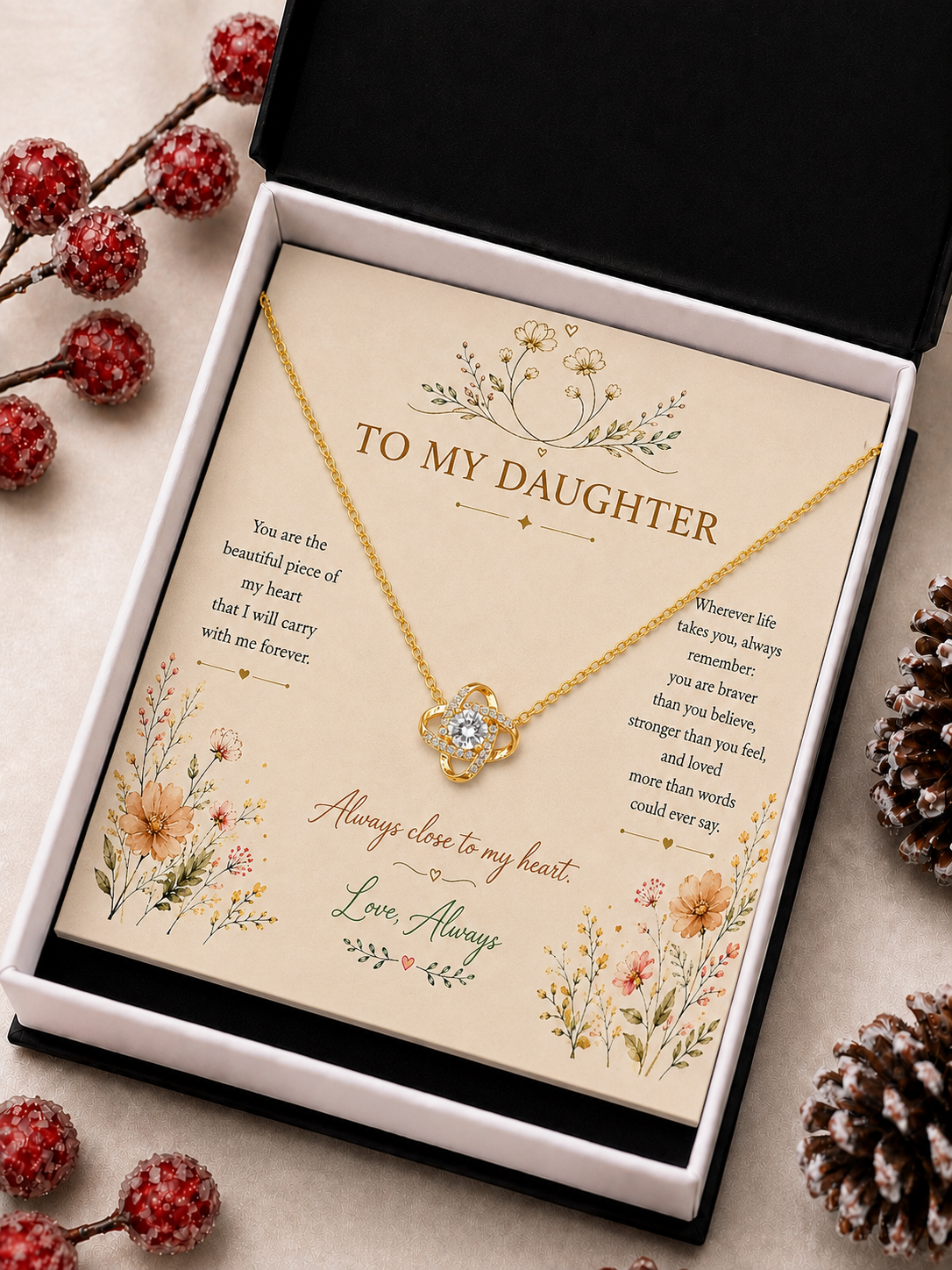 To My Daughter gold-tone knot pendant necklace with emotional message card