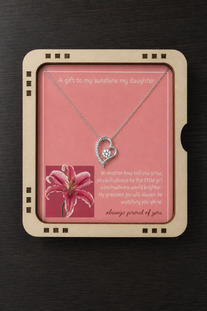 Silver-tone heart pendant necklace for daughter with floral message card