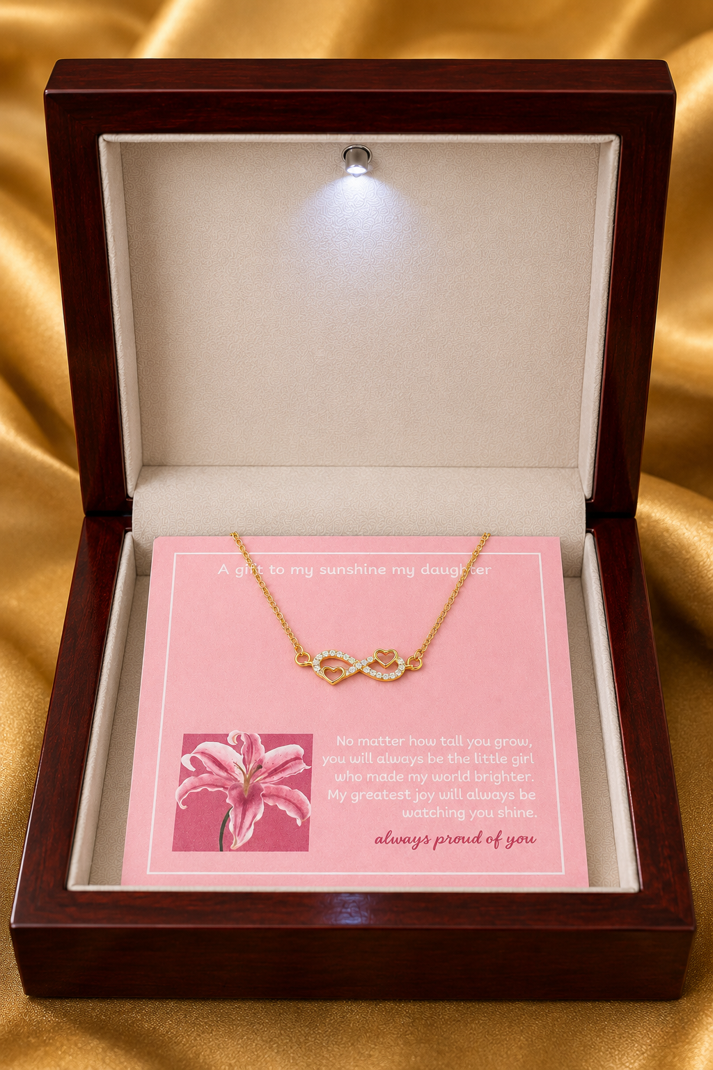 To my daughter infinity heart necklace with pink emotional message card in wooden gift box