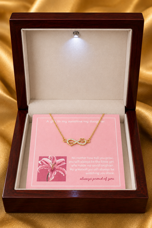 To my daughter infinity heart necklace with pink emotional message card in wooden gift box