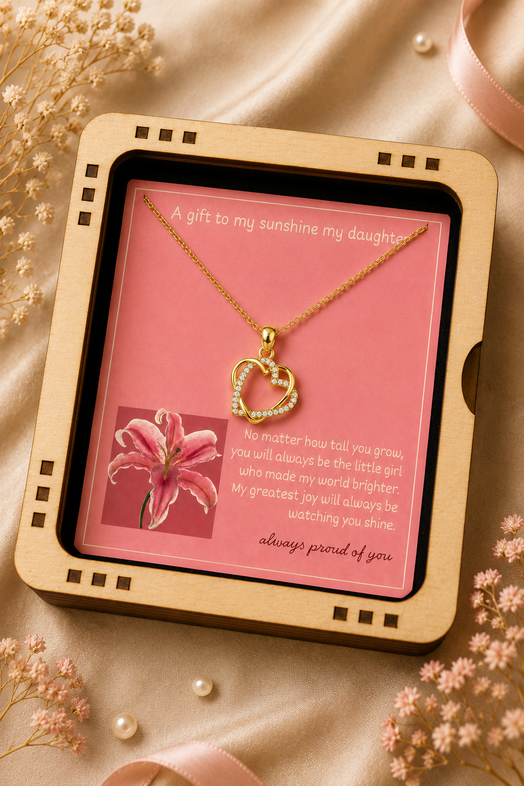 To my daughter necklace gift with heartfelt message card and premium wooden presentation box