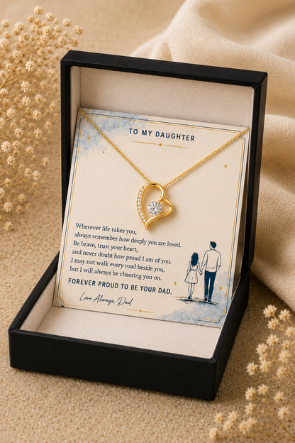 Silver heart pendant necklace with an inspirational message card for daughter displayed inside an elegant black jewelry gift box, perfect for birthdays, graduation, Christmas, and Father's Day gifts.