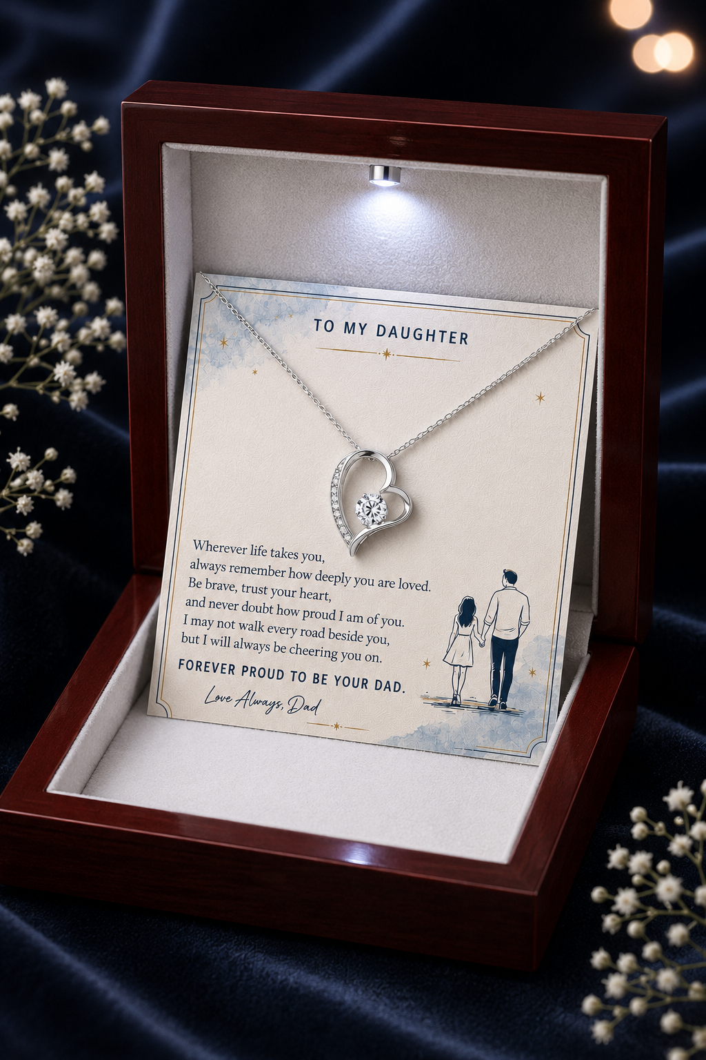 Silver heart pendant necklace showcased in a premium LED wooden gift box with a heartfelt father-to-daughter message card, creating a memorable keepsake gift for special occasions.