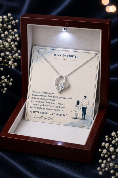 Silver heart pendant necklace showcased in a premium LED wooden gift box with a heartfelt father-to-daughter message card, creating a memorable keepsake gift for special occasions.