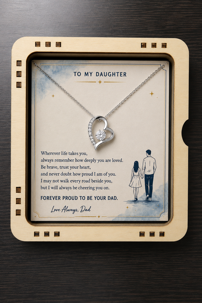 Silver heart pendant necklace with a heartfelt "To My Daughter" message card displayed inside a handcrafted wooden slider gift box, a sentimental gift from dad for birthdays, graduation, Christmas, or special occasions.