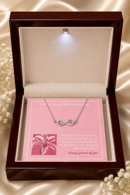 To my daughter infinity heart necklace in silver-tone with pink message card