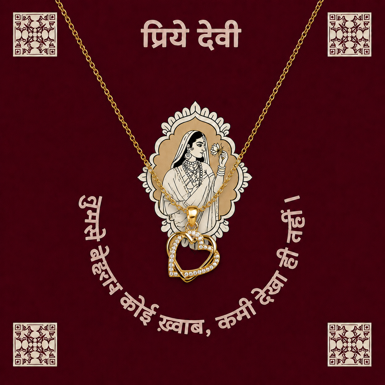 My Devi heart pendant necklace with Hindi message card in gold-tone finish