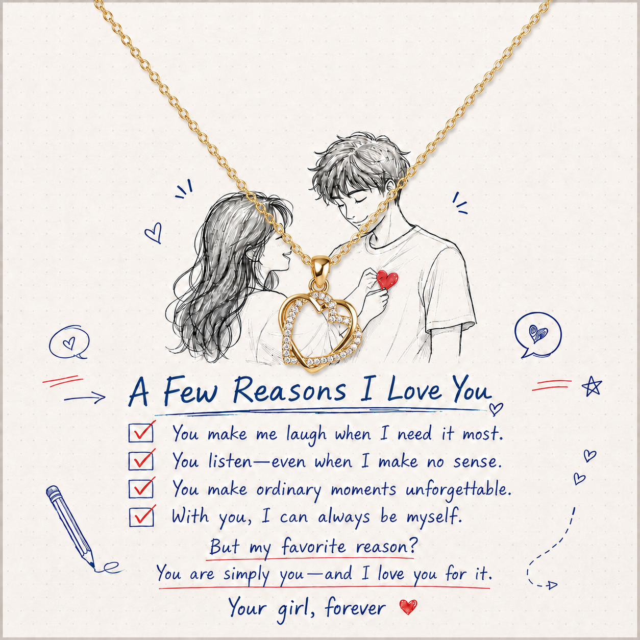 To My Girl interlocking heart pendant necklace with love message card