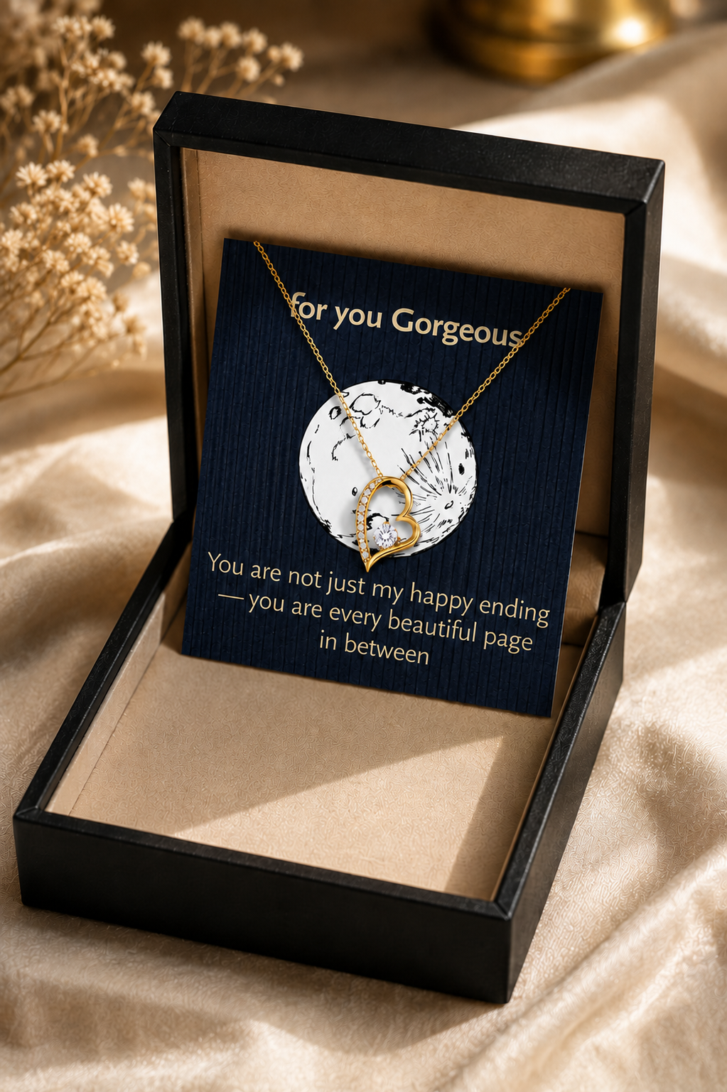 Gold-tone heart pendant necklace with romantic message card for gorgeous gift