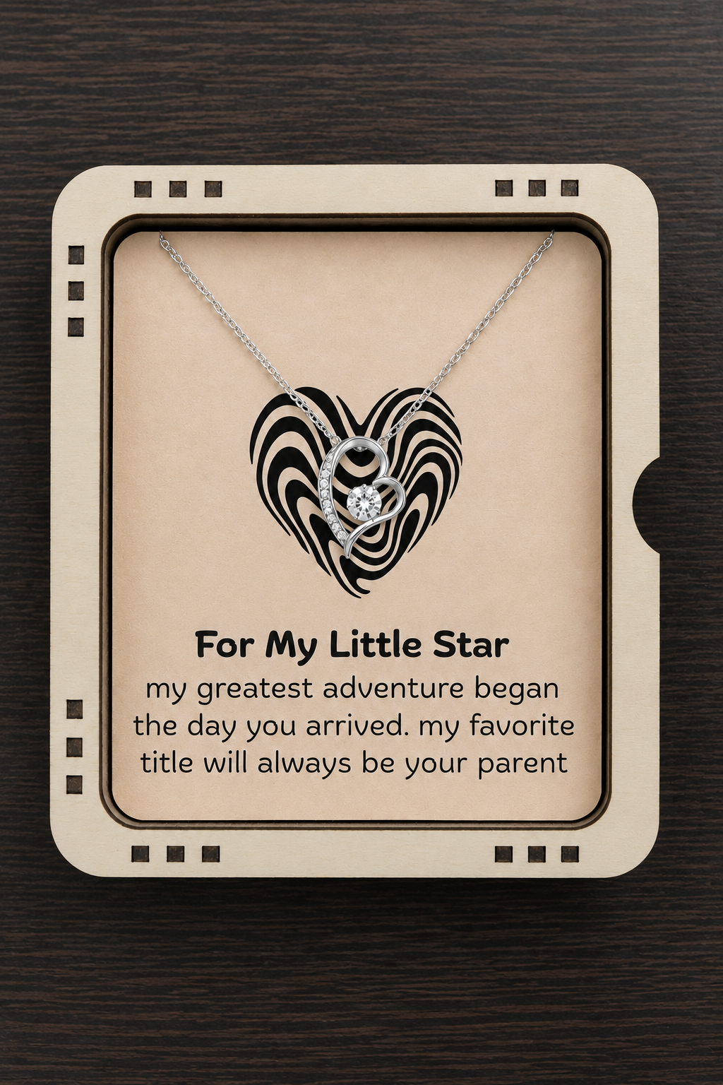 Gold-tone heart pendant necklace with For My Little Star message card in wooden display