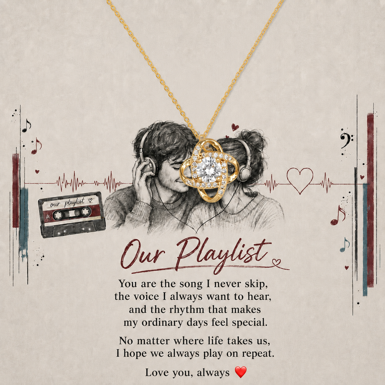 Gold-tone intertwined knot pendant necklace displayed on Our Playlist card