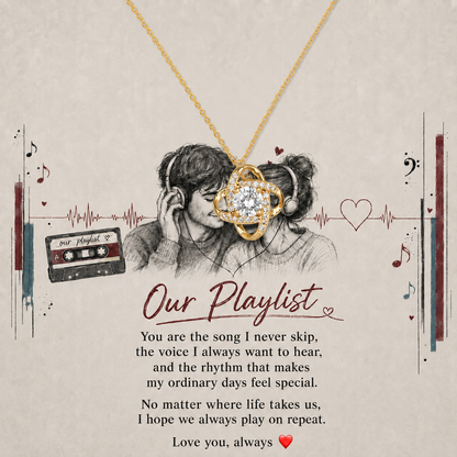 Gold-tone intertwined knot pendant necklace displayed on Our Playlist card