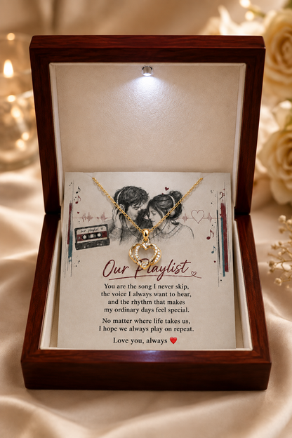 Gold-tone heart pendant necklace with Our Playlist romantic message card