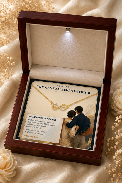 To My Mom gold-tone infinity heart necklace with emotional message card