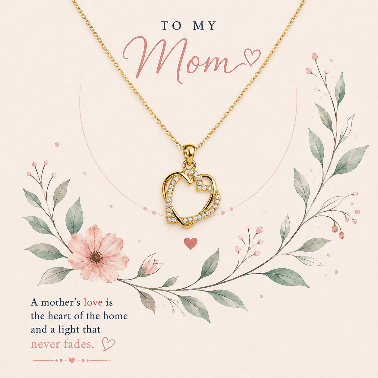 To My Mom jewelry gift with heart pendant and floral card