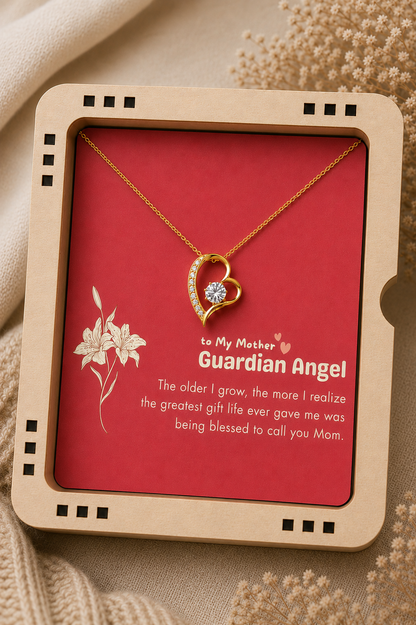 Gold-tone heart pendant necklace with Guardian Angel message card for Mother