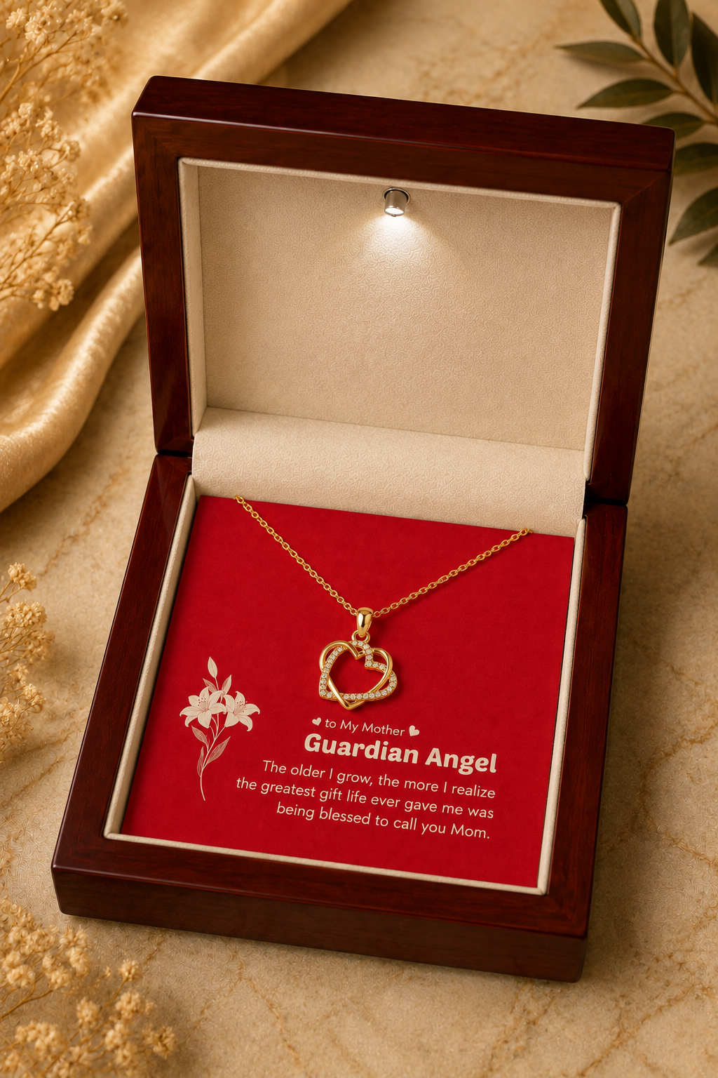 To My Mother Guardian Angel heart pendant necklace with red message card