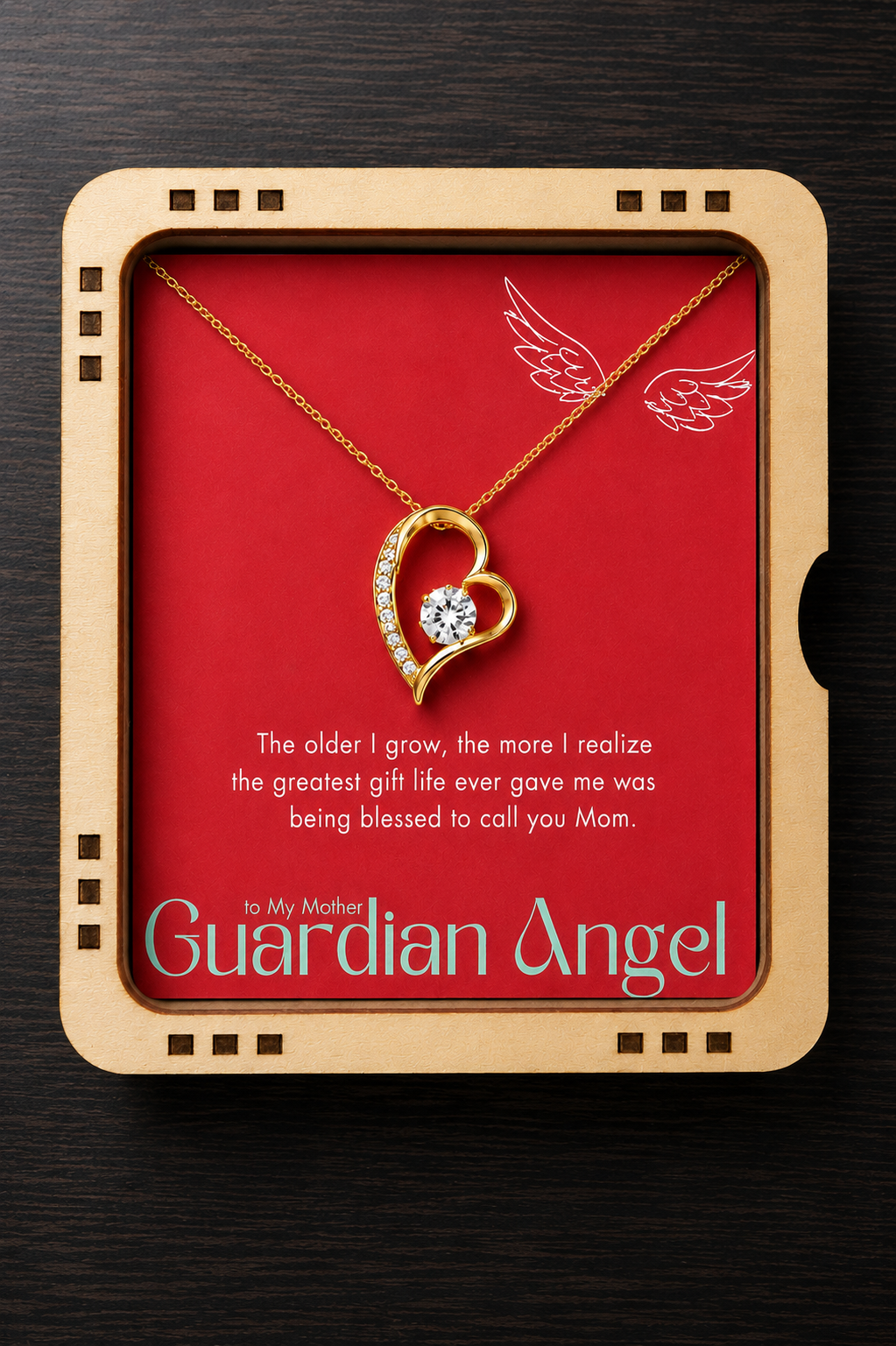 Gold-tone heart pendant necklace with heartfelt message card for Mother Guardian Angel gift