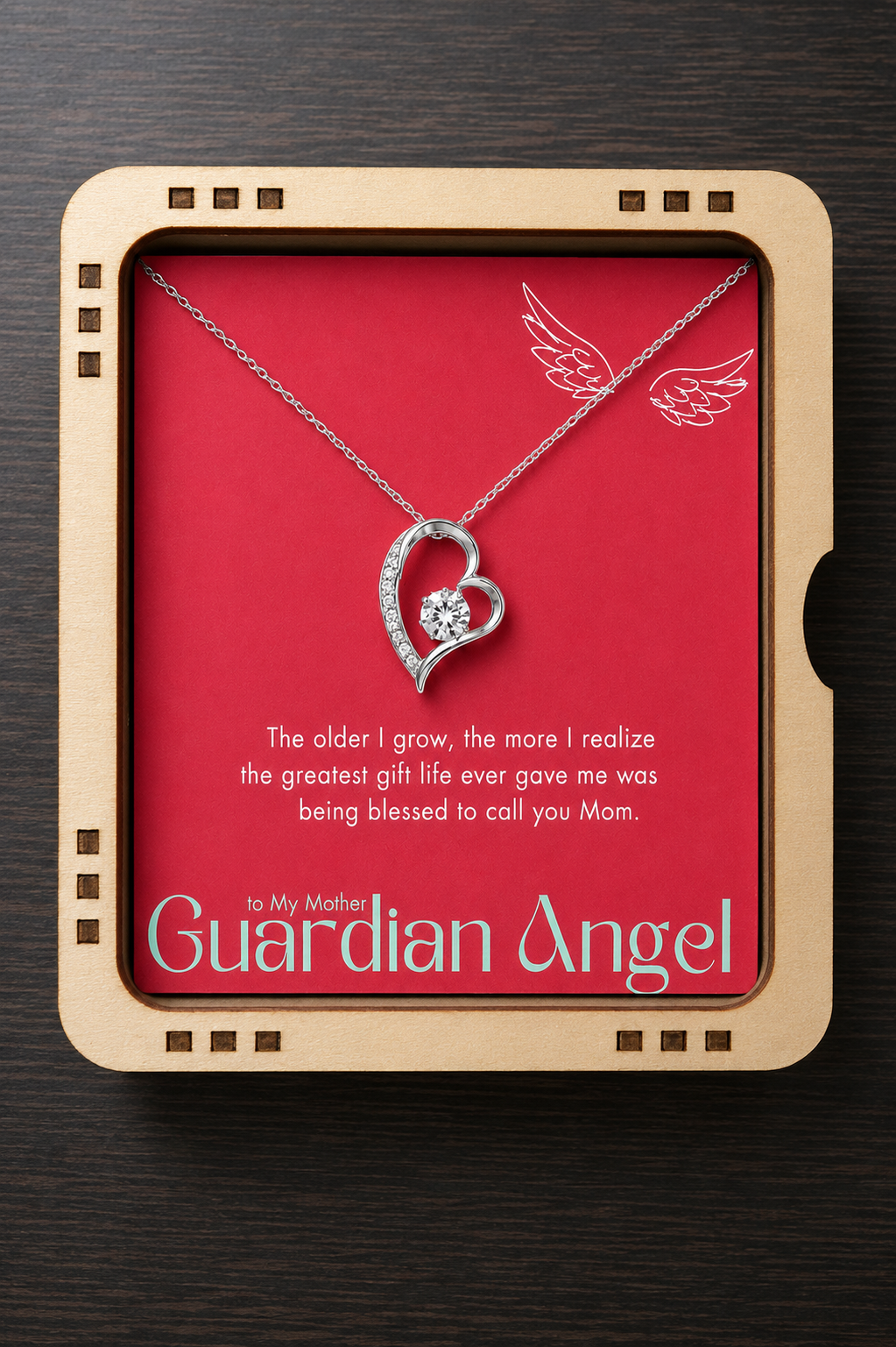 Silver-tone heart pendant necklace on Guardian Angel message card for Mom