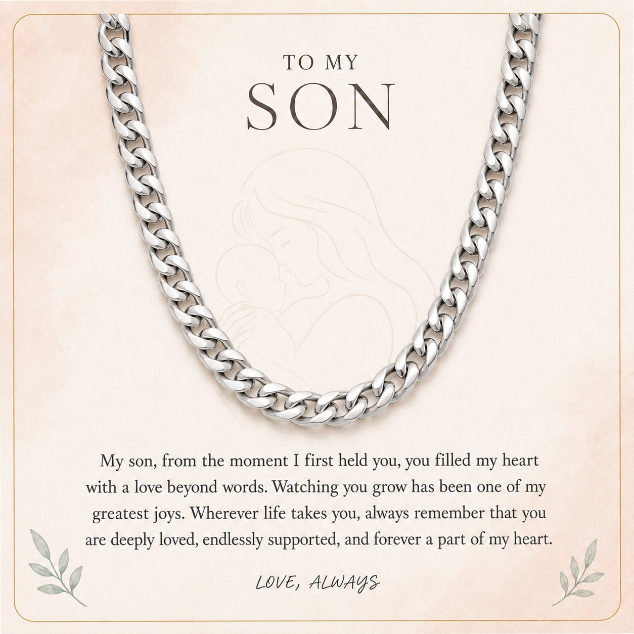 A silver-toned curb chain necklace displayed on a beige memorial-style card with the text 'TO MY SON' and a sentimental message below.