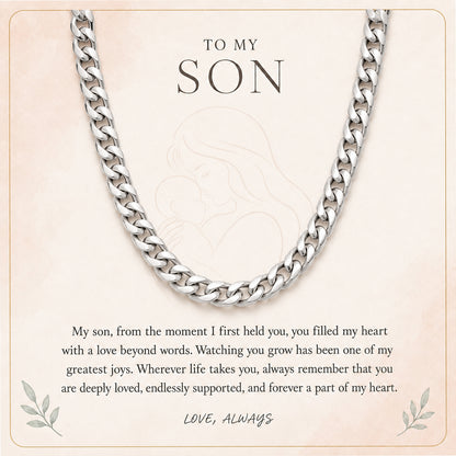 A silver-toned curb chain necklace displayed on a beige memorial-style card with the text 'TO MY SON' and a sentimental message below.