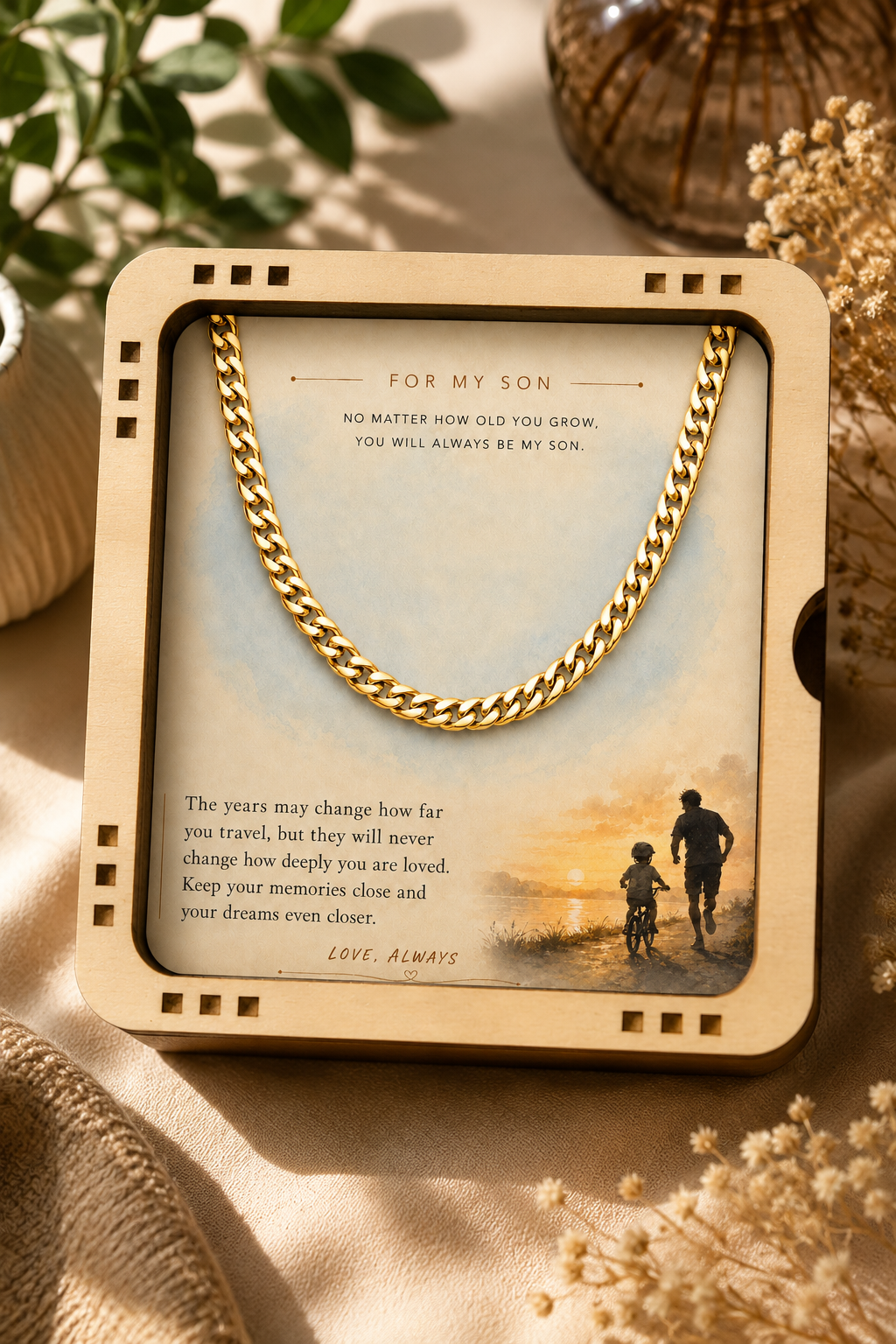 A gold chain necklace displayed inside a square wooden keepsake box with a printed sentimental card that reads 'FOR MY SON' and a touching quote. The box is styled on a beige fabric surface with dried flowers and soft natural lighting.