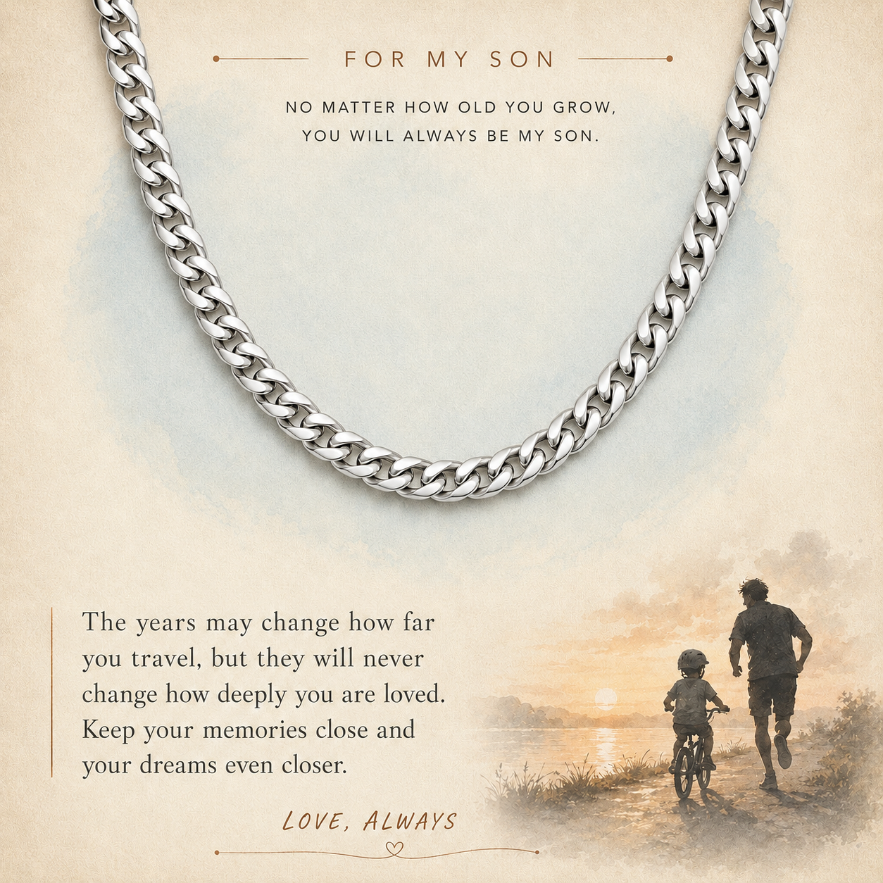 A silver curb chain necklace displayed on a warm beige memorial-style card with sentimental text and a small sunset scene in the lower right corner.