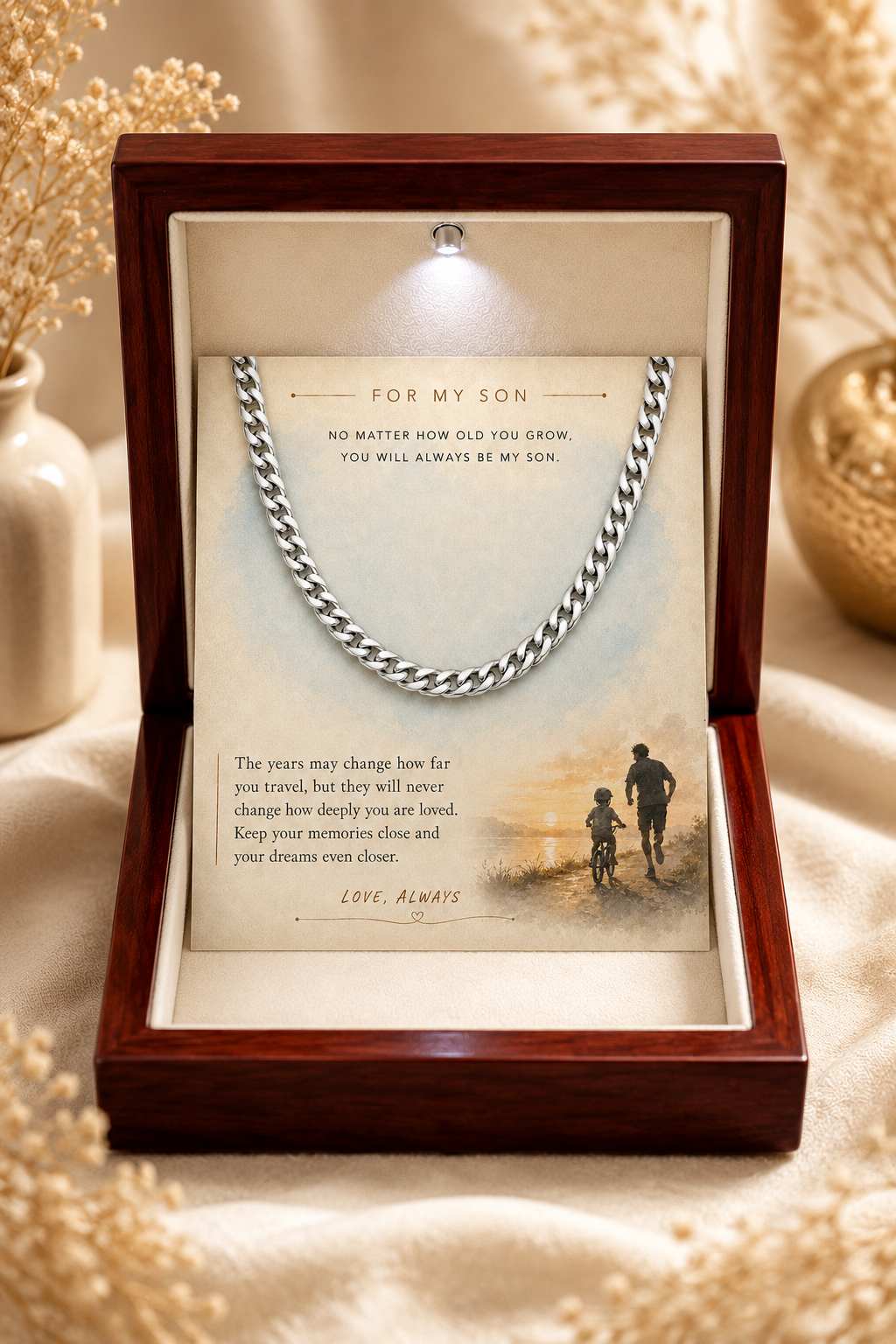 A silver chain necklace presented inside an open dark wood gift box with a cream insert. The insert includes a printed message for a son and a small illustration of a parent and child walking by the sea.