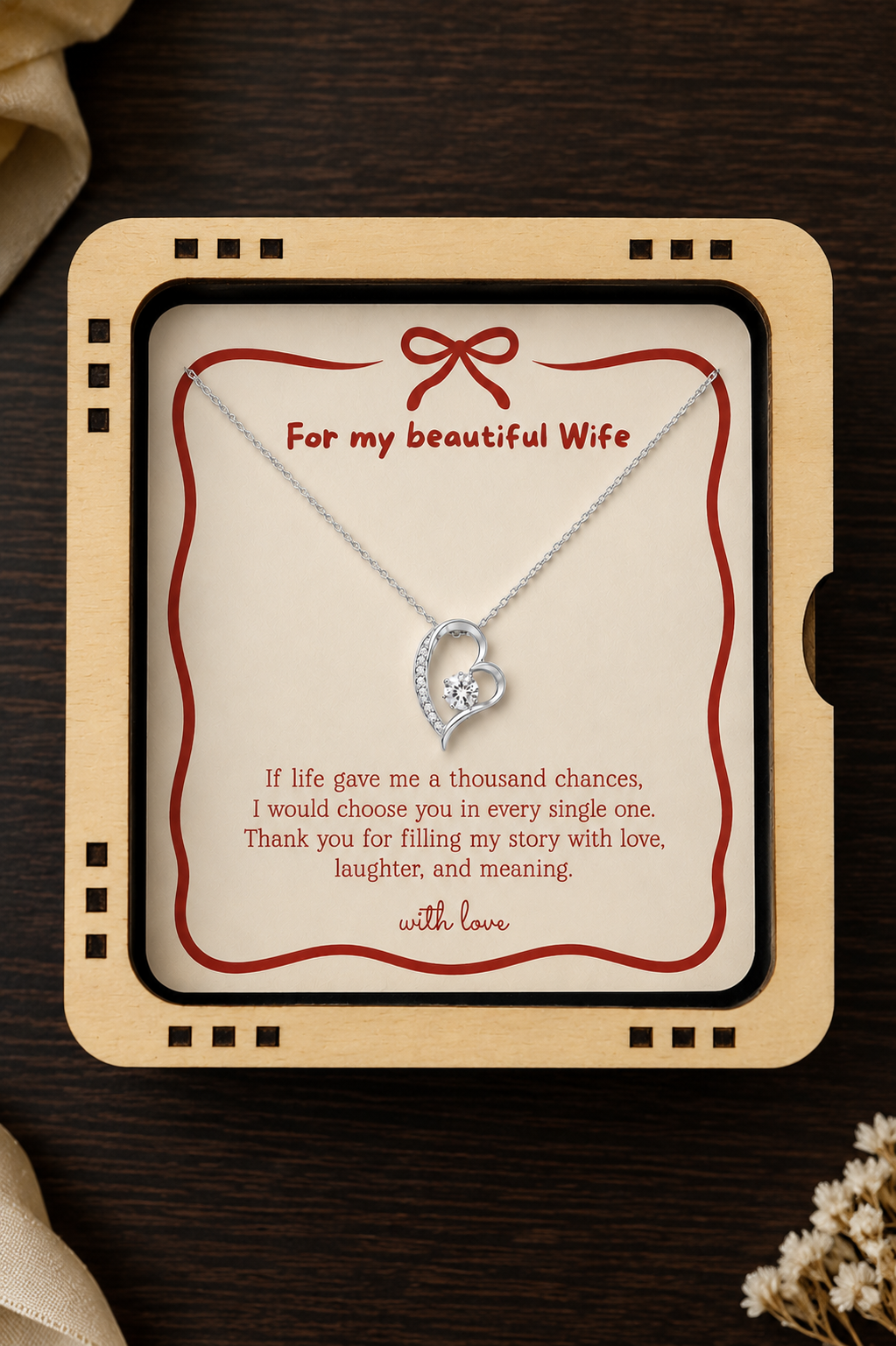 To My Wife heart pendant necklace with romantic message card in gold-tone finish