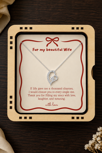 To My Wife heart pendant necklace with romantic message card in gold-tone finish