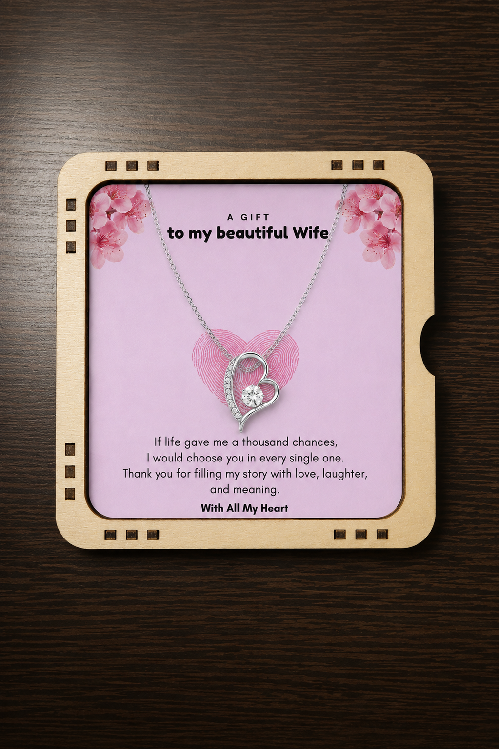 Gold-tone heart pendant necklace with message card for wife featuring a romantic love message.