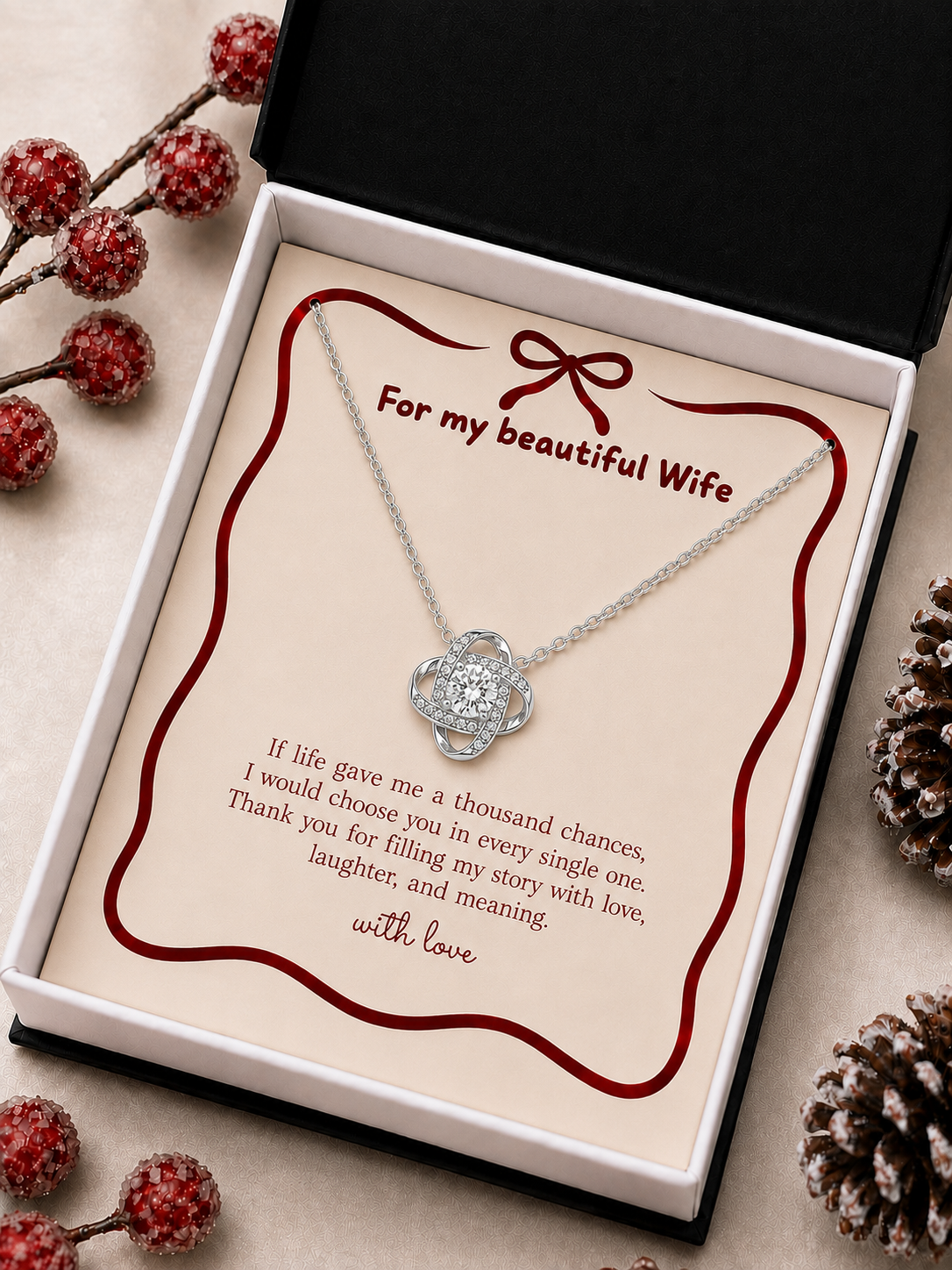 Silver-tone pendant necklace for wife with heartfelt message card