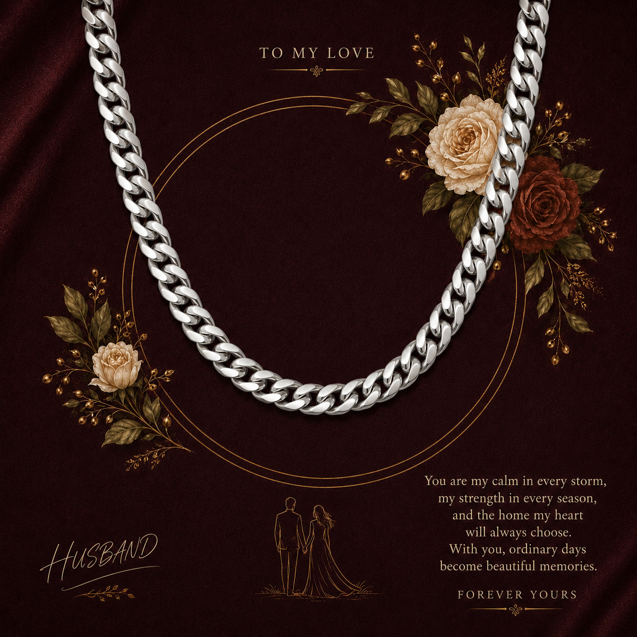 A silver Cuban link chain necklace displayed on a dark burgundy background with decorative floral illustrations, wedding-themed text, and a small bride-and-groom silhouette near the bottom right.