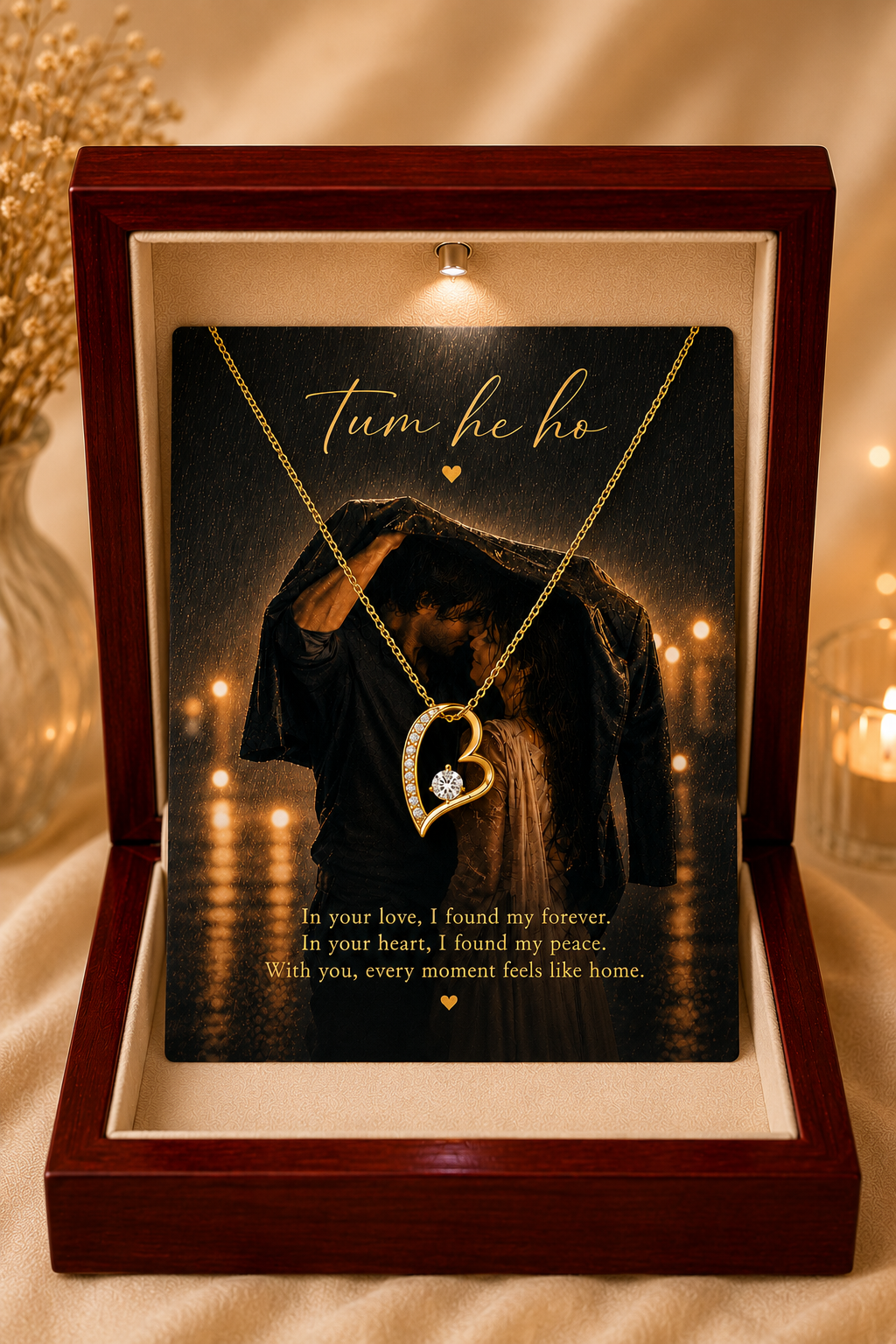 Romantic necklace with rainy couple artwork message card