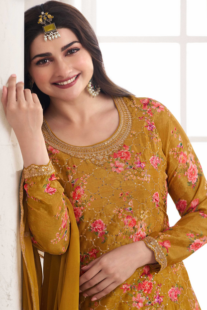 Mustard Floral Palazzo Suit For Women's Stitched Outfit