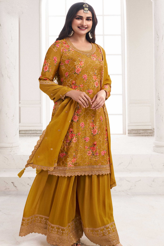 Mustard Floral Palazzo Suit For Women's Stitched Outfit
