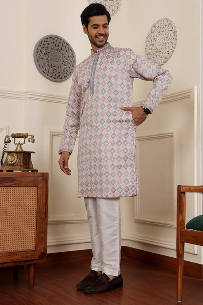 Light pink kurta for men showcasing subtle jacquard work
